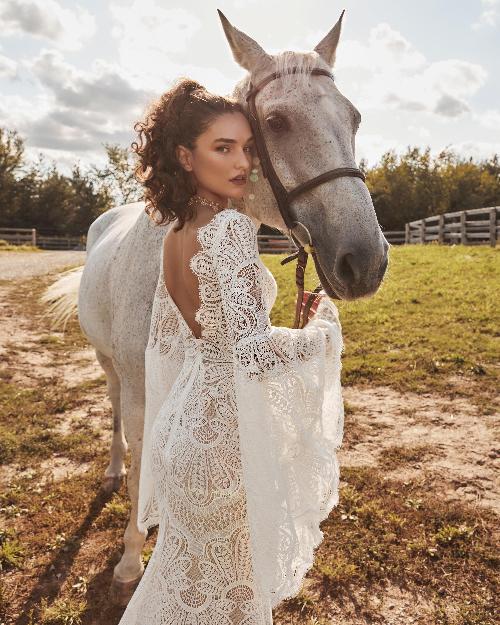Lp2114 backless boho wedding dress with bell sleeves and lace1